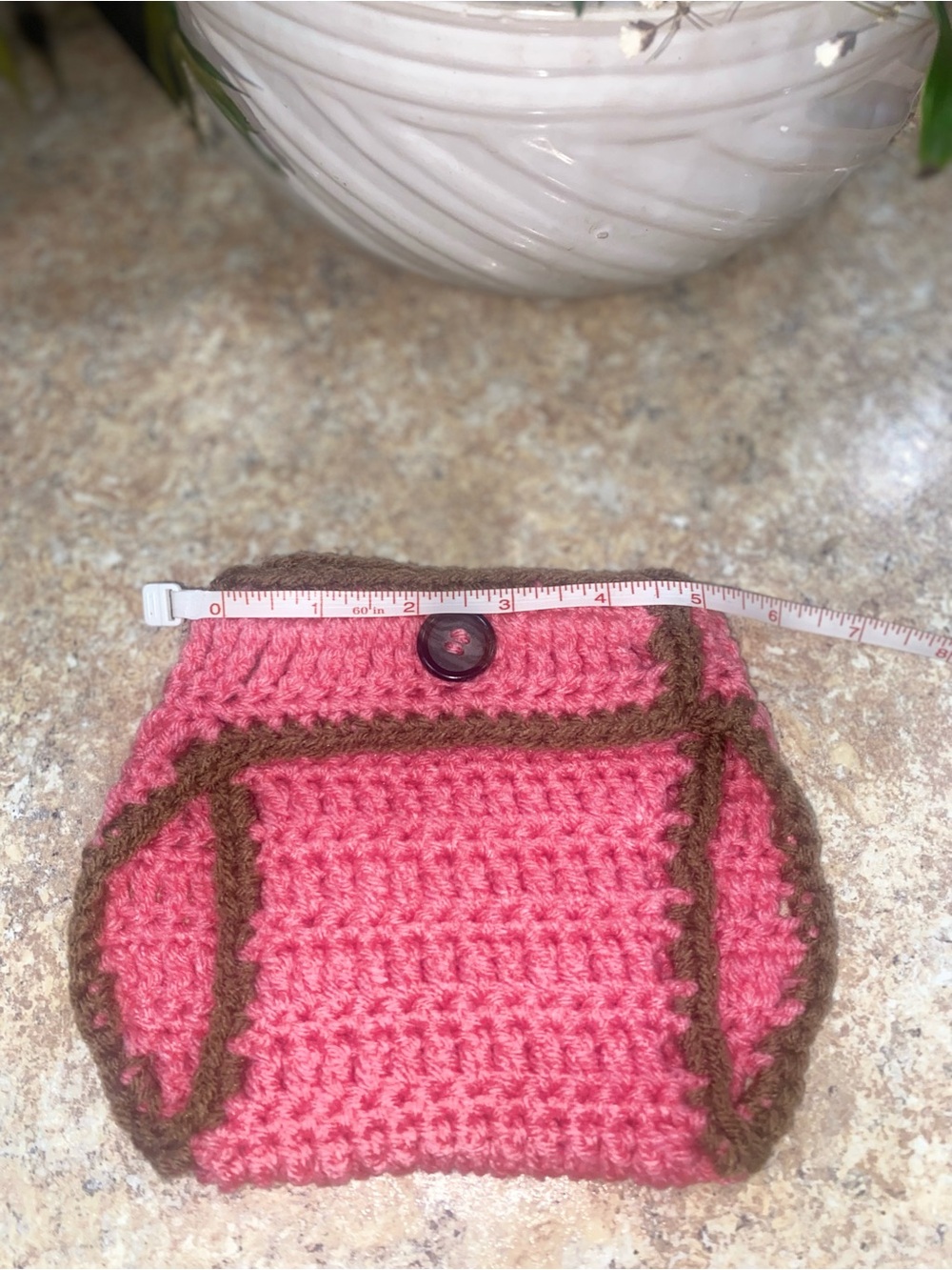 Handmade Pink Crochet Diaper Cover Set with Brown Trim and Beautiful Brown Bow - Picture 5 of 6
